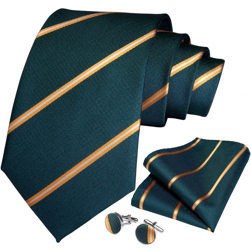 New Green Gold Striped Men's Silk Ties 8cm Business Wedding Party Necktie Pocket Square Cufflinks Men Gift Gravatas DiBanGu