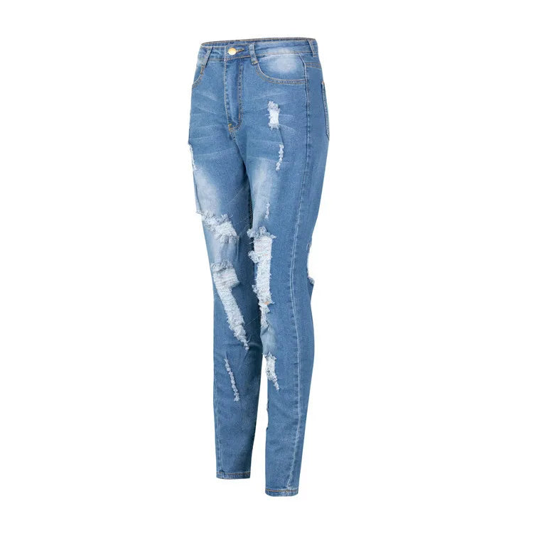 Hot sale woman dark blue ripped jeans fashion high waist skinny denim jeans stretch slim pencil pants S-3XL drop shipping