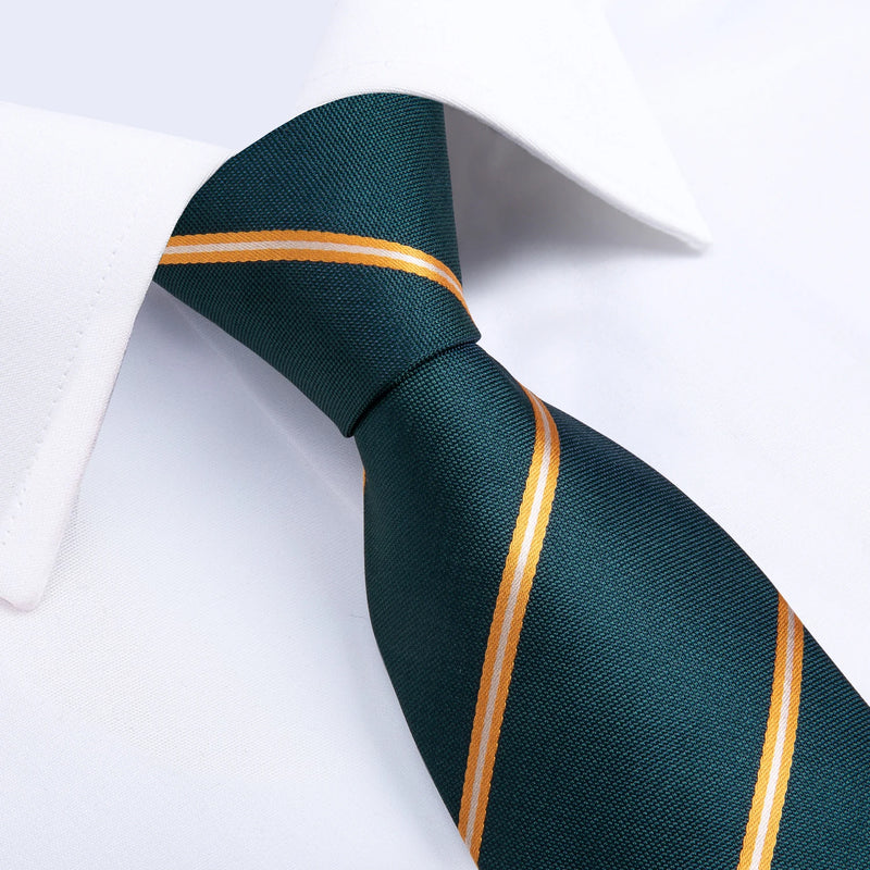 New Green Gold Striped Men's Silk Ties 8cm Business Wedding Party Necktie Pocket Square Cufflinks Men Gift Gravatas DiBanGu