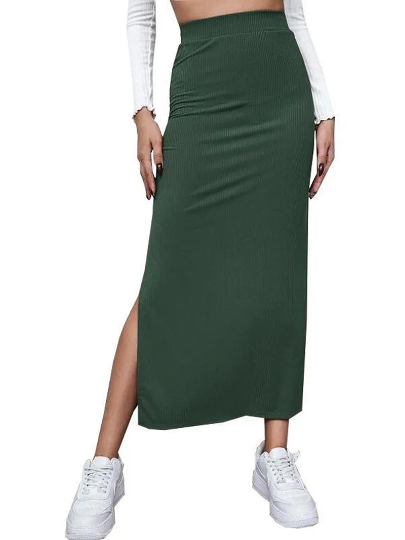 Women s Elastic High Waist Maxi Skirt Solid Color Casual Party Split Maxi Beach Skirt