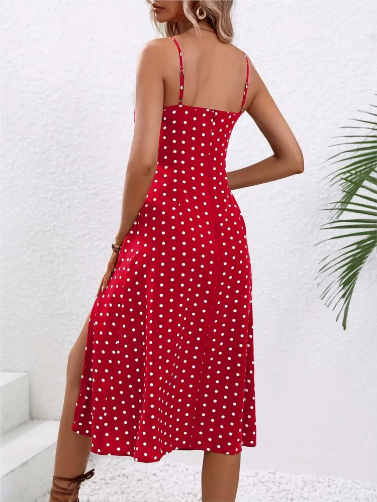 Verão sexy cintas de espaguete vestido feminino moda bolinhas impressão sem mangas vestido de fenda boho casual praia vestidos midi