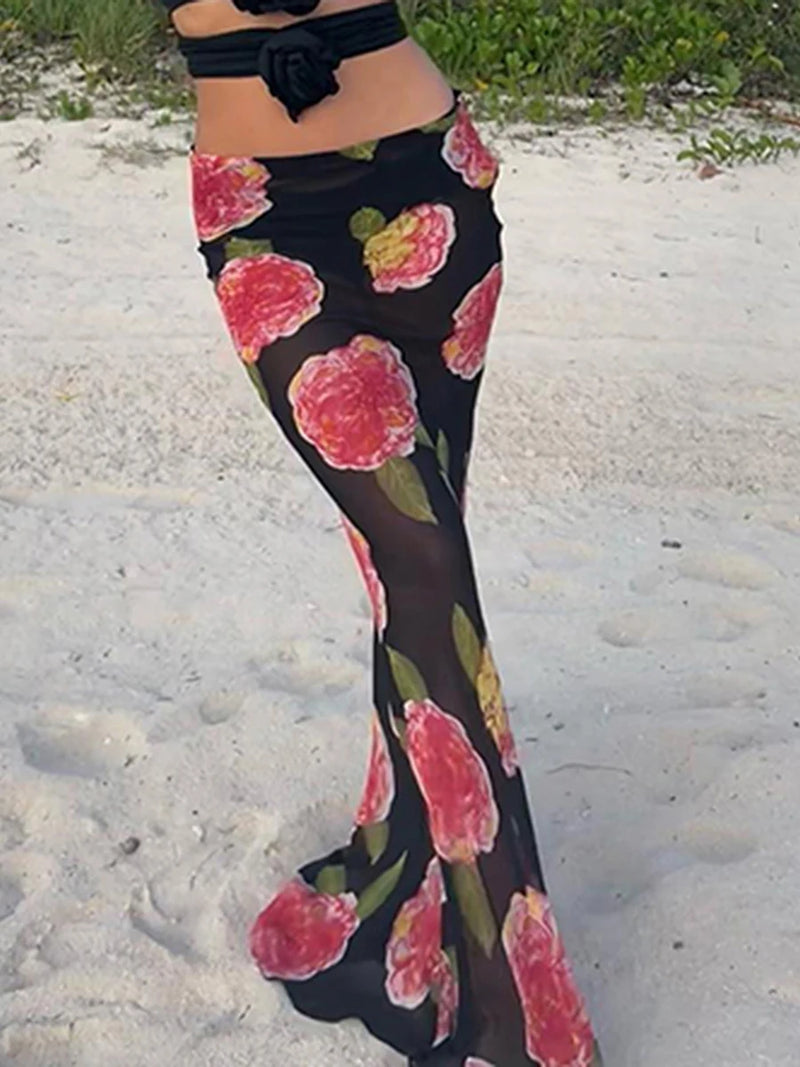 Women s Floral Mesh See Through Maxi Skirt Slim Fit Flowy High Waisted Midi Skirts Streetwear