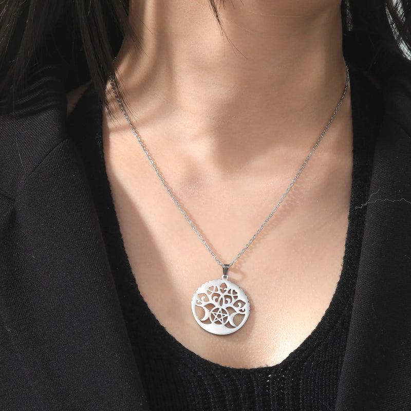 Jeshayuan Triple Moon Goddess Amulet Necklace Stainless Steel Hollow Tree Of Life Neck Chain For Women Gift