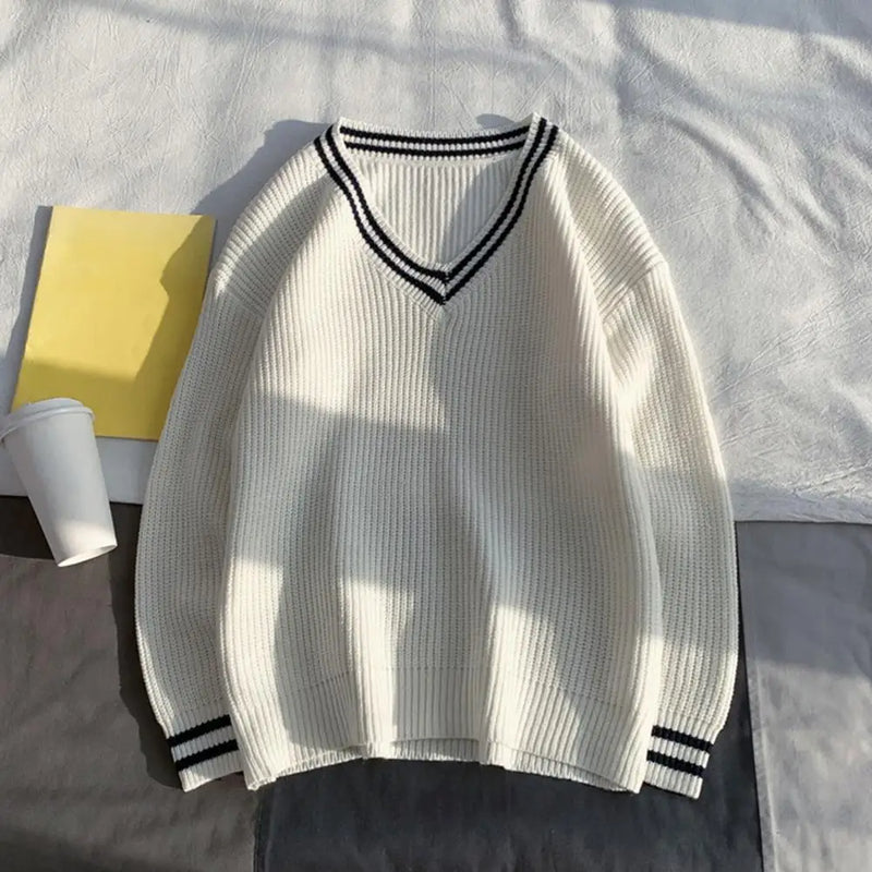 Sweaters Men Striped V Neck Knitted Autumn Simple Korean Style Harajuku Fashion Casual All-Match Couples Chic Loose New