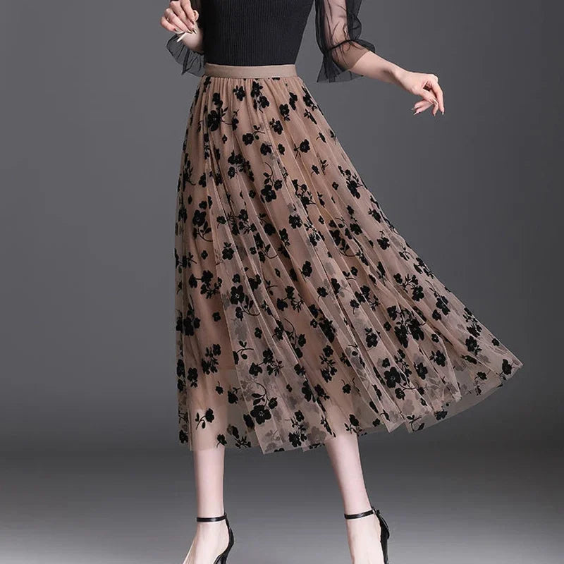 Korean women tulle skirt fashion summer hook floral loose midi skirt elegant female casual all-match mesh skirts new