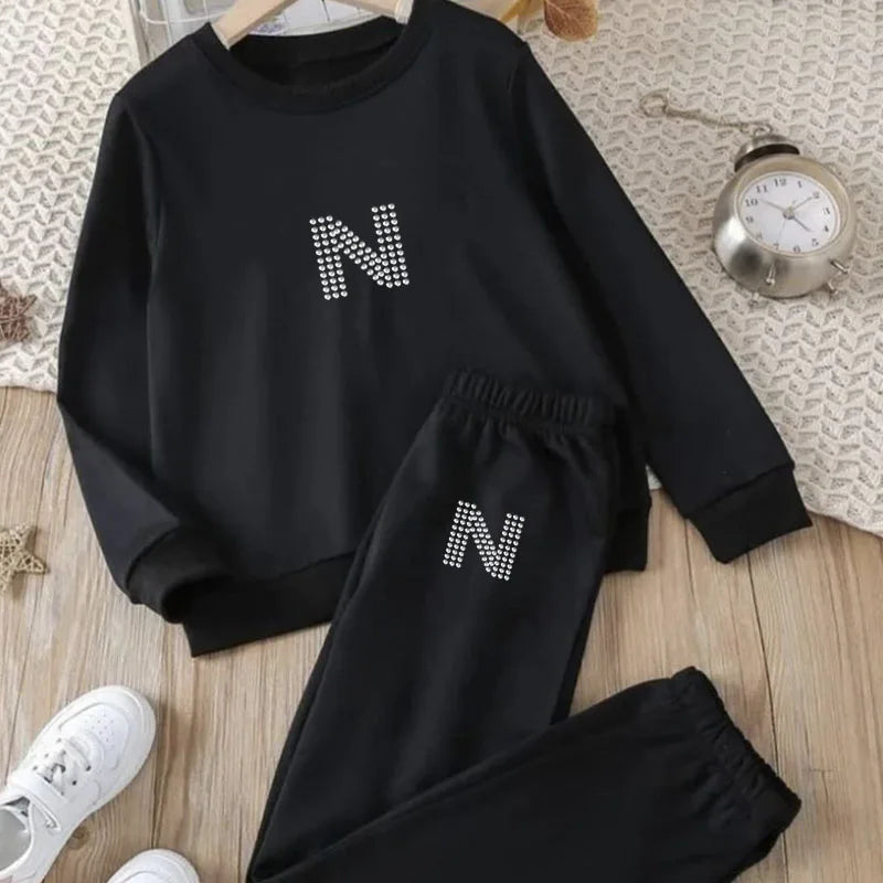 Y2k Rhinestone Bling Letter Print Women Set O-neck 2pc Stretchy Long Sleeve Casual Pullover+ Trousers Suit Autumn Exercise Suits