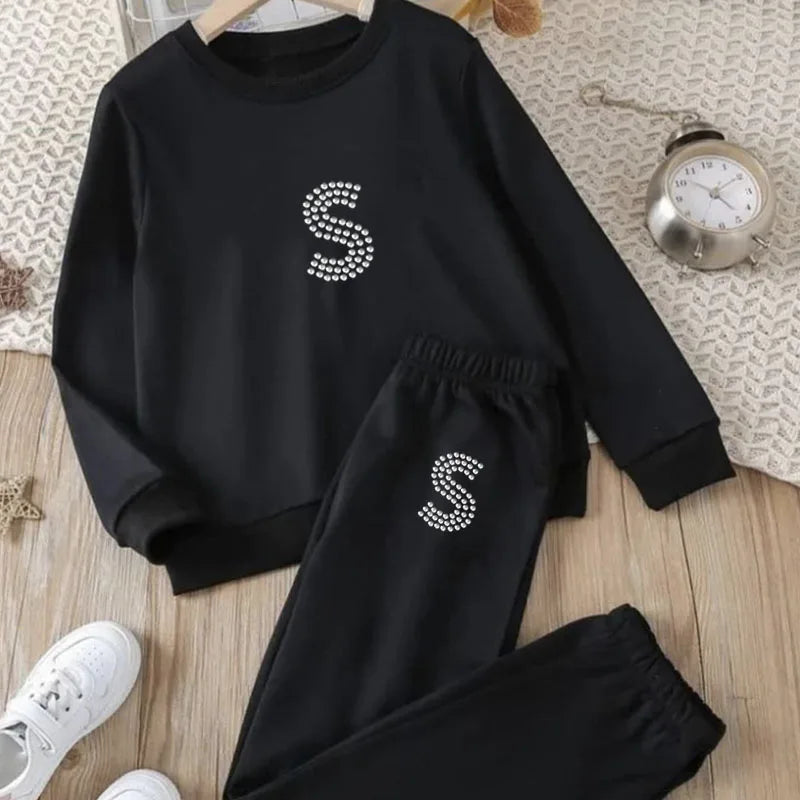 Y2k Rhinestone Bling Letter Print Women Set O-neck 2pc Stretchy Long Sleeve Casual Pullover+ Trousers Suit Autumn Exercise Suits