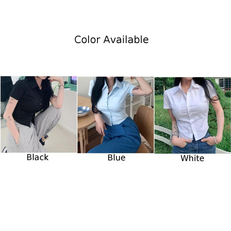 Sexy Women‘s Deeptown White Blouse Basic Short-Sleeve Crop Shirts Korean Fashion Preppy Style Work Wear Office Look Summer Tops