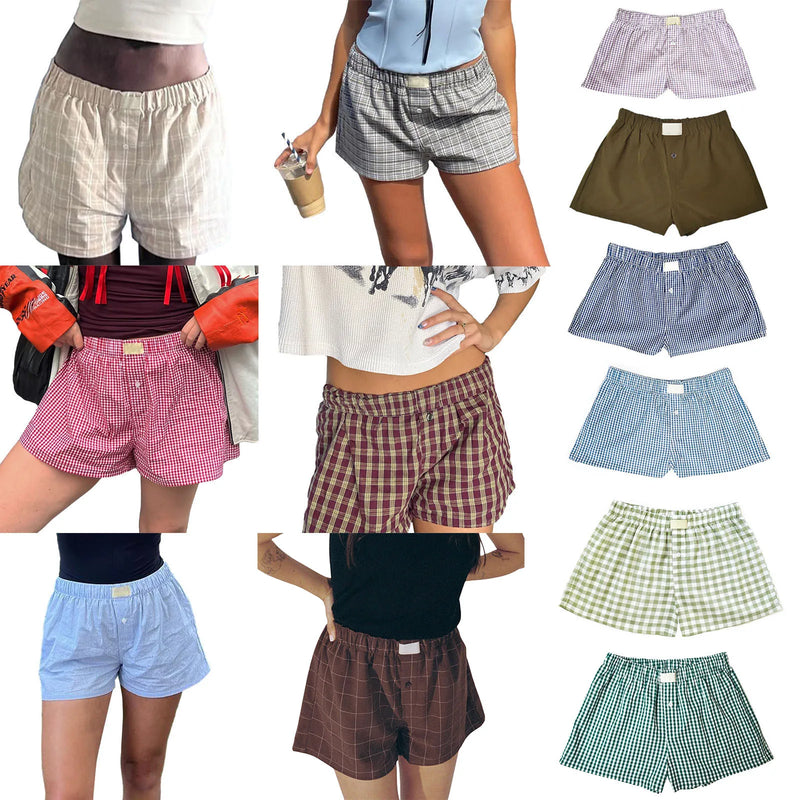 Women’s Plaid Print Shorts Elastic Low Waist Button Front Lounge Shorts Boxers Streetwear Low Rise Checkered Mini Pants