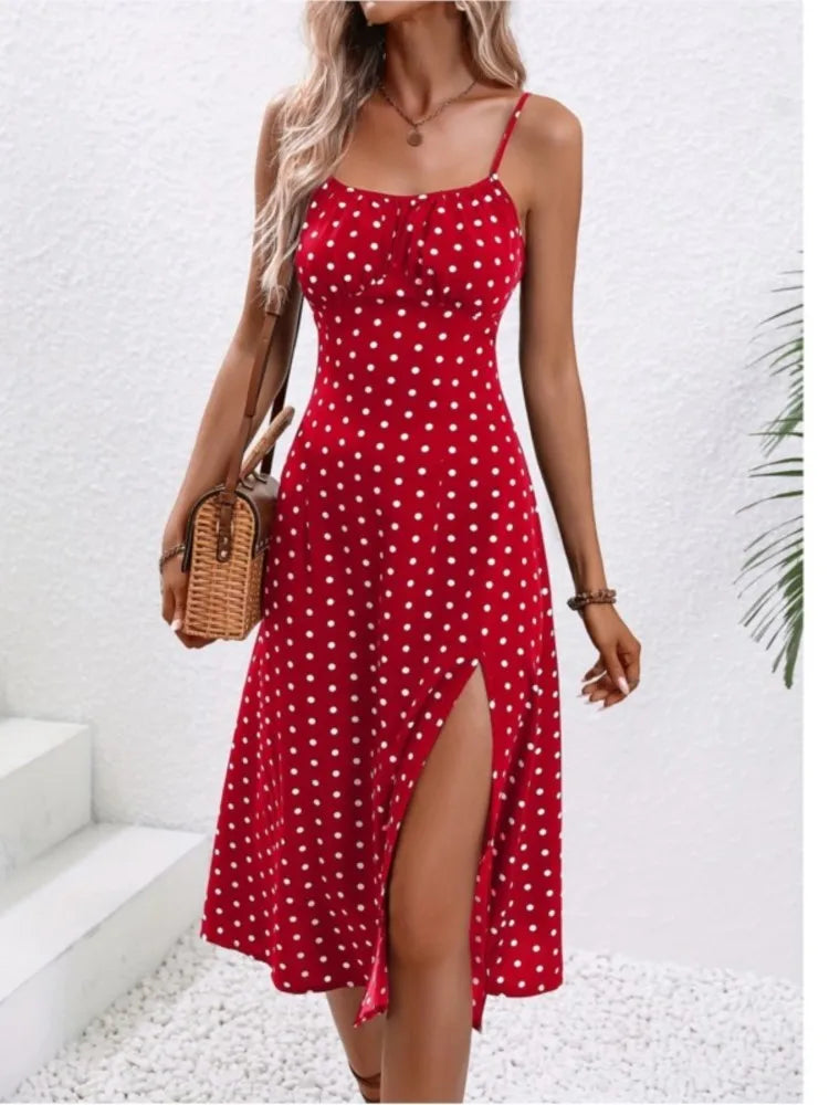 Verão sexy cintas de espaguete vestido feminino moda bolinhas impressão sem mangas vestido de fenda boho casual praia vestidos midi