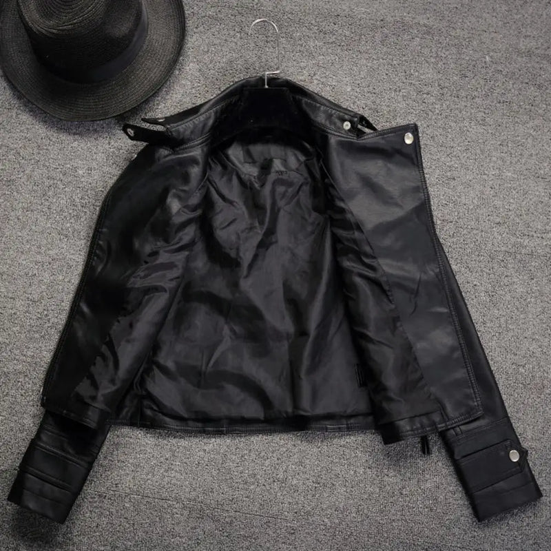 Women Cropped Trench Lapel Collar Leather Jackets Coat with Belt Female Single Button Short Jacket Motorcycle Jacket Outwear