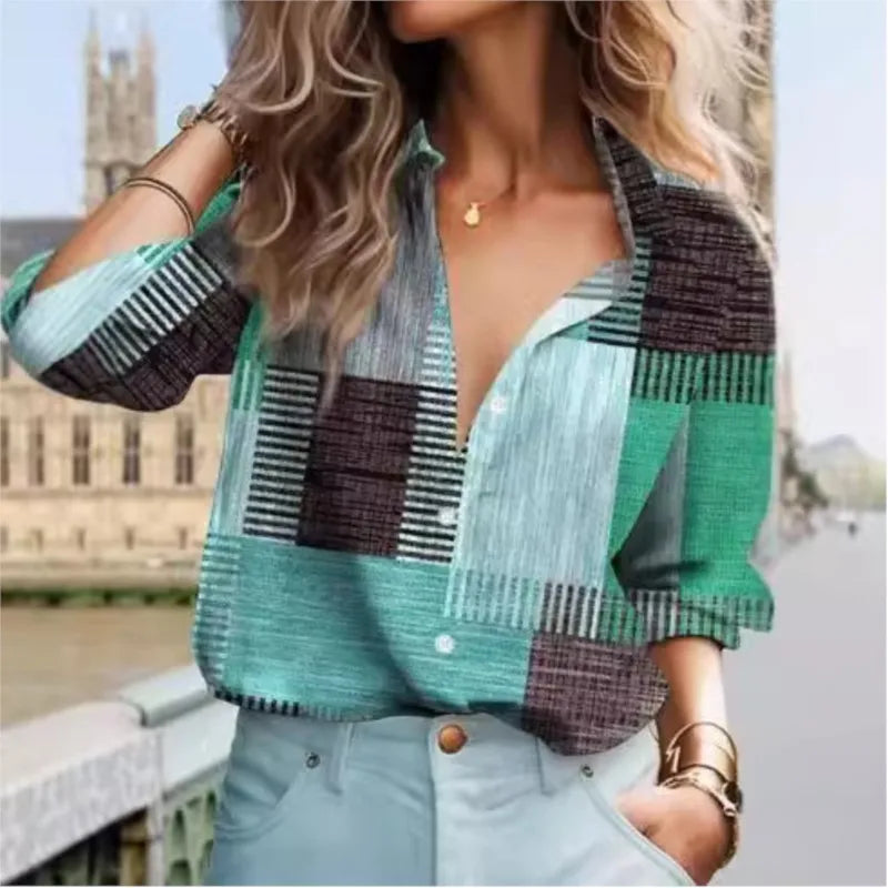 Elegant Women's Stripe Printed Collar Office Casual Shirt Spring And Autumn Fashion Woman Long Sleeve Button Loose Blouse S-3XL