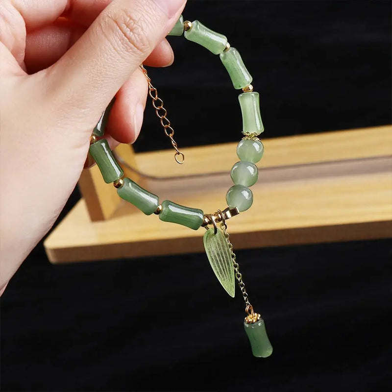 Pulseira de bambu verde estilo chinês, formato de bambu, imitação de folha, pulseira de jade, moda clássica, pingente de folha