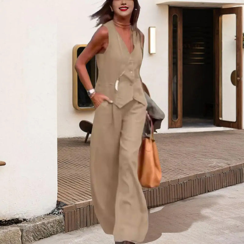 Women s Going Out 2 Piece Outfits Sleeveless V Neck Button Vest Wide Leg Pants Suit Casual Blazer Suits Summer Streetwear