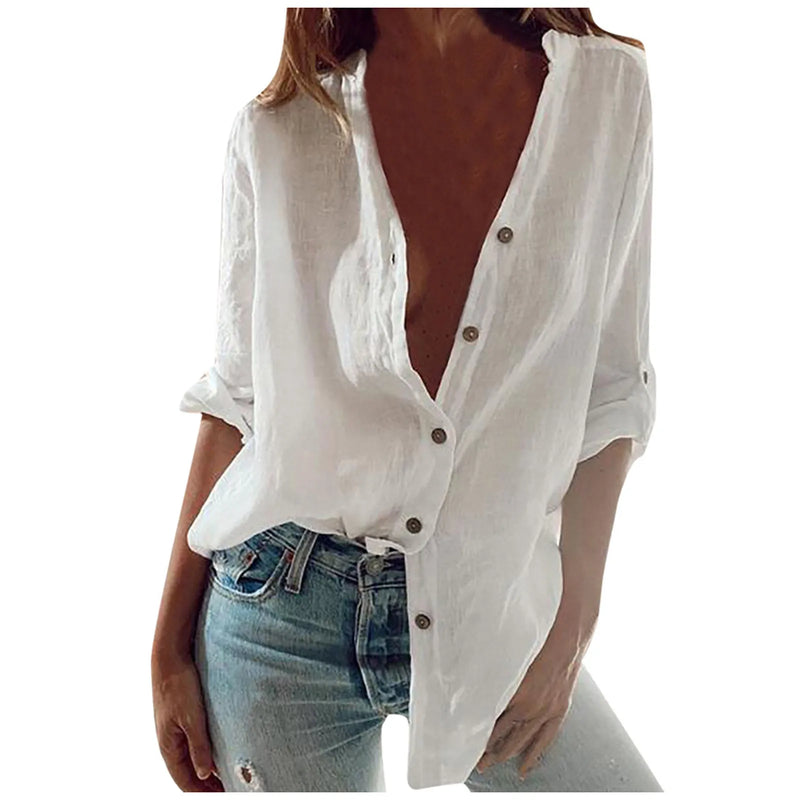 S-5XL Oversized Autumn Cotton Linen Shirt Fashion Button Up Women Shirts White Casual Loose Tops Solid Rollable Sleeve Top Blusa