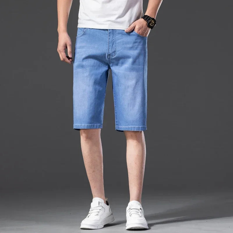 Short verão fino masculino casual jeans estilo clássico estiramento em linha reta moda solta.