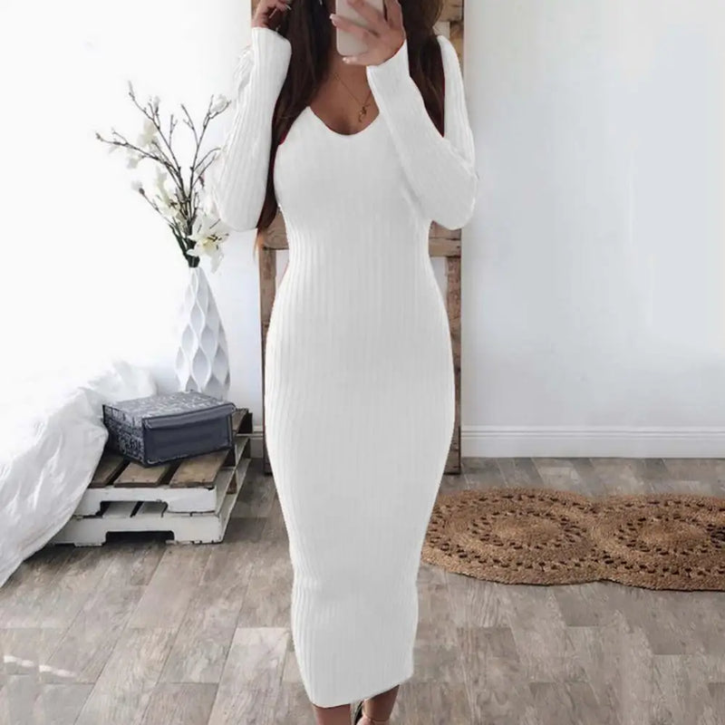 Sexy Knitted Midi Dress 2023 Autumn Long Sleeve V Neck Backless Ribbed Sweater Dress Retro Knitted Bodycon Dress Sweater Vestido