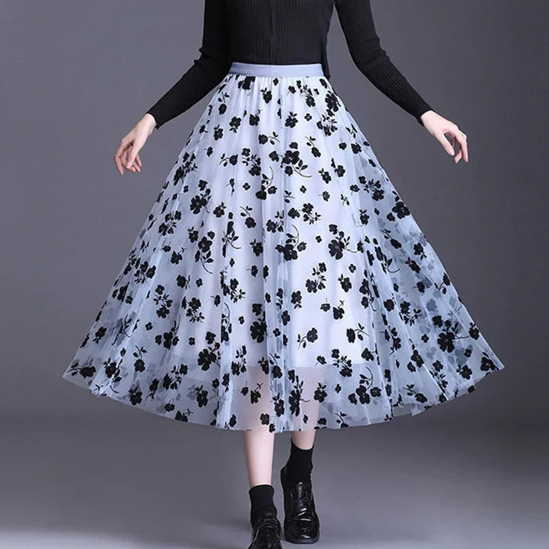 Korean women tulle skirt fashion summer hook floral loose midi skirt elegant female casual all-match mesh skirts new