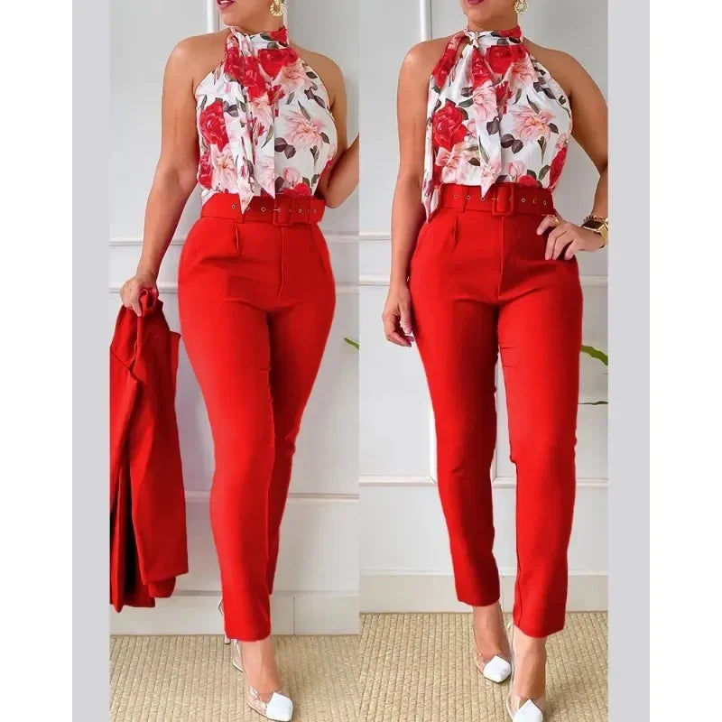 Summer Women Floral Print Halter Tank Top High Waist Pants Set With Belt Female O-Neck Two Pieces Suit Set Workwear Outfits