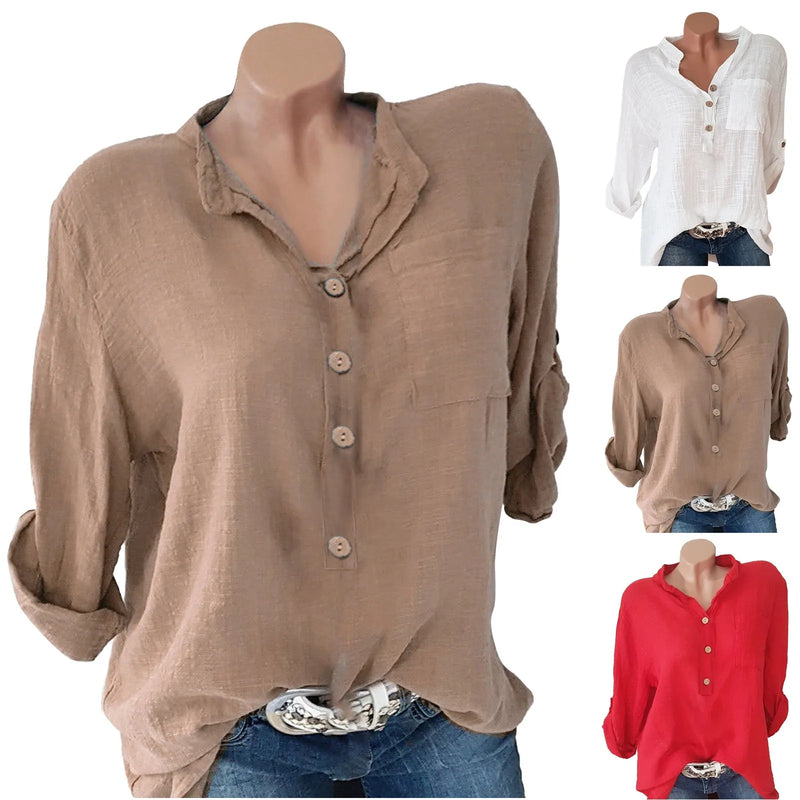 Women Blouses Cotton Linen Blouse Autumn Oversized Shirts Casual Long Sleeve Button V Neck Loose Shirt Lady Tops Plus Size S-5XL