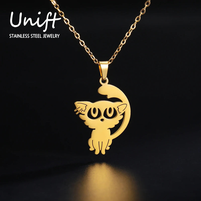 Unift Cute Big Eye Cat Necklace for Girl Daughter Stainless Steel Pet Animal Pendant Fashion Lovely Women Jewelry Birthday Gift