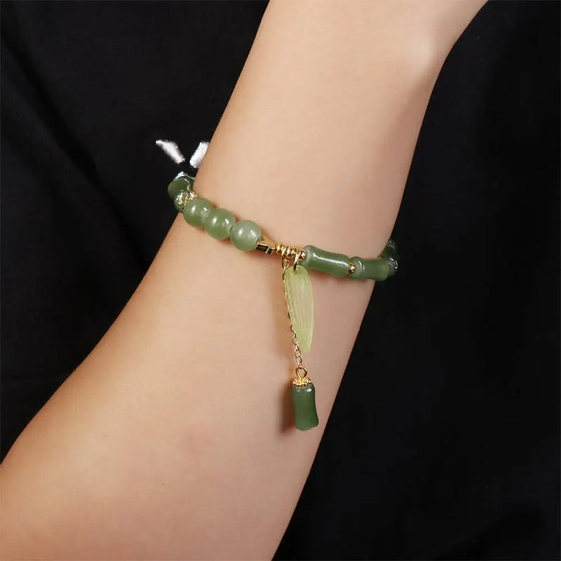 Pulseira de bambu verde estilo chinês, formato de bambu, imitação de folha, pulseira de jade, moda clássica, pingente de folha