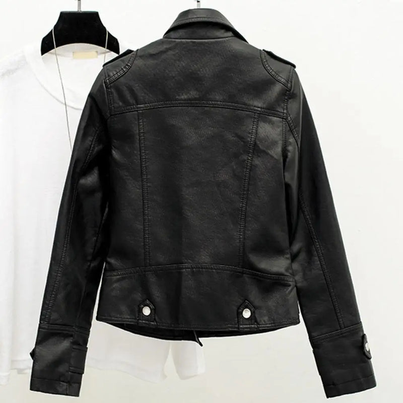 Women Cropped Trench Lapel Collar Leather Jackets Coat with Belt Female Single Button Short Jacket Motorcycle Jacket Outwear