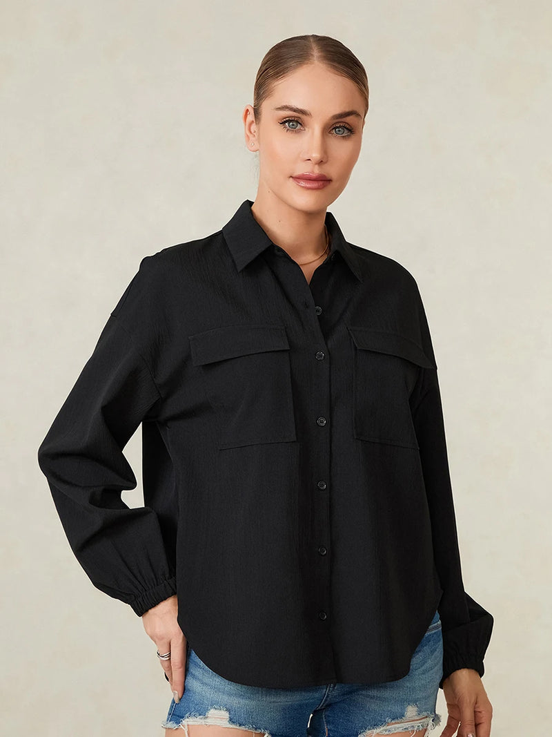 Women’s Button Down Lapel Shirts Lightweight Long Sleeve Solid Color Loose Tops Blouses with Pockets