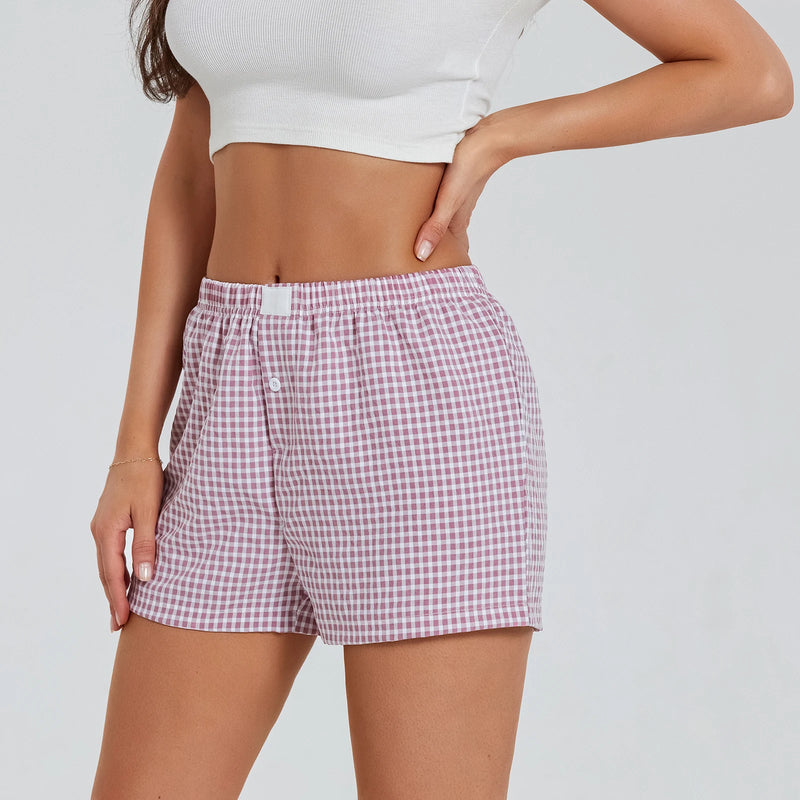 Women’s Plaid Print Shorts Elastic Low Waist Button Front Lounge Shorts Boxers Streetwear Low Rise Checkered Mini Pants