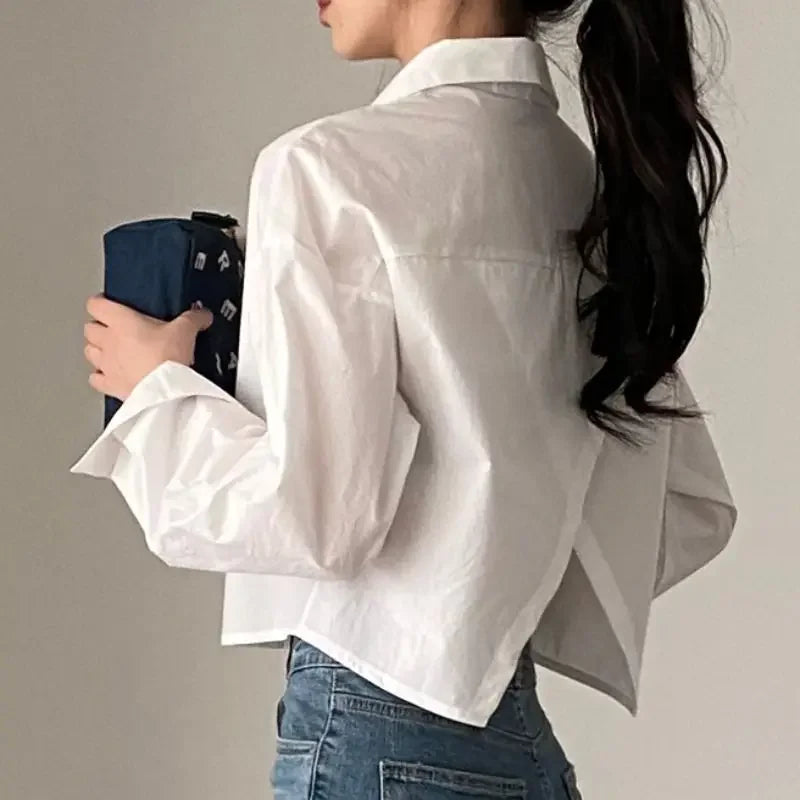 Shirts Women Korean Style Simple Baggy Solid All-match Long Sleeve Chic Crop Tops Elegant Leisure Trendy S-3xl Comfort Spring