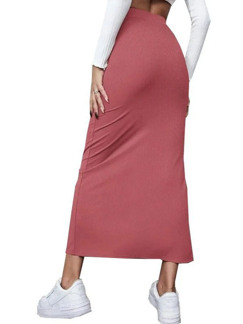 Women s Elastic High Waist Maxi Skirt Solid Color Casual Party Split Maxi Beach Skirt