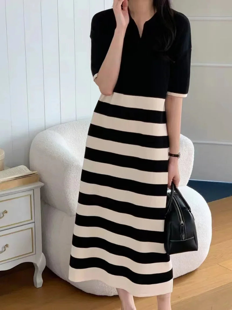 Summer Ice Silk Knitted Striped Dresses for Women 2023 Short Sleeve Patchwork Casual Loose Dress Korean Fashion Vestidos