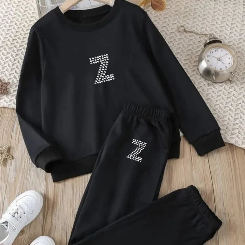 Y2k Rhinestone Bling Letter Print Women Set O-neck 2pc Stretchy Long Sleeve Casual Pullover+ Trousers Suit Autumn Exercise Suits