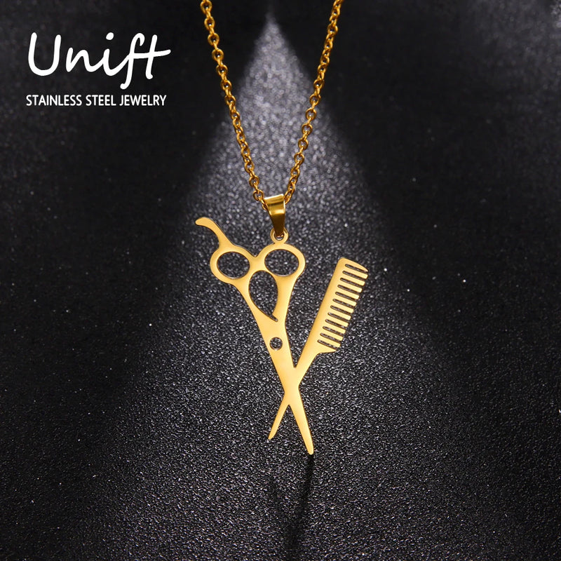 Unift Scissors Comb Necklace for Women Girls Barber Salon Shear Hair Stylist Hairdresser Accessories Fashion Necklace Jewelry