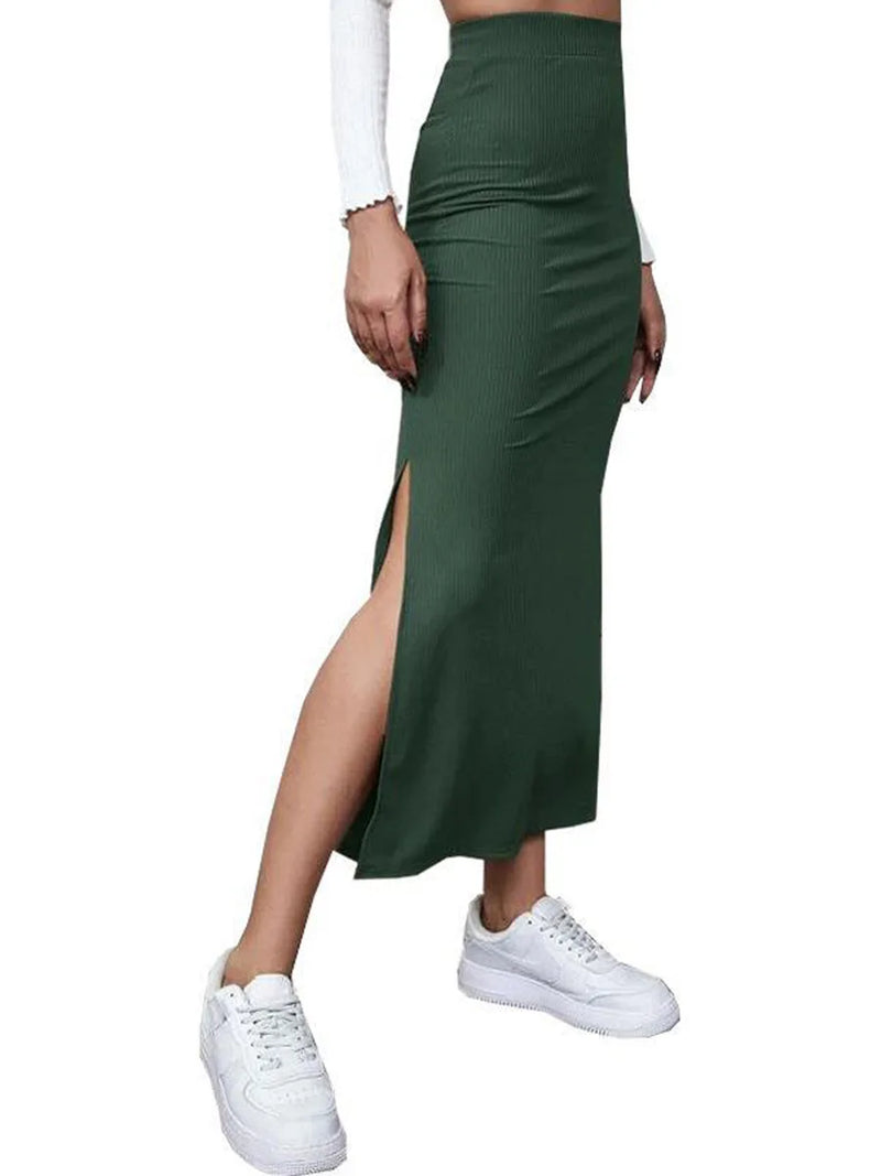 Women s Elastic High Waist Maxi Skirt Solid Color Casual Party Split Maxi Beach Skirt