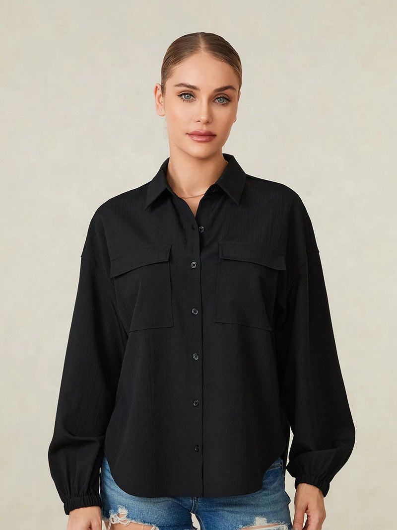 Women’s Button Down Lapel Shirts Lightweight Long Sleeve Solid Color Loose Tops Blouses with Pockets