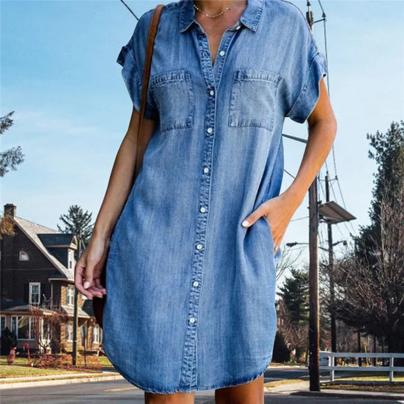 Women Denim Shirt Dresses Short Sleeve Distressed Jean Dress Button Down Casual Tunic Top