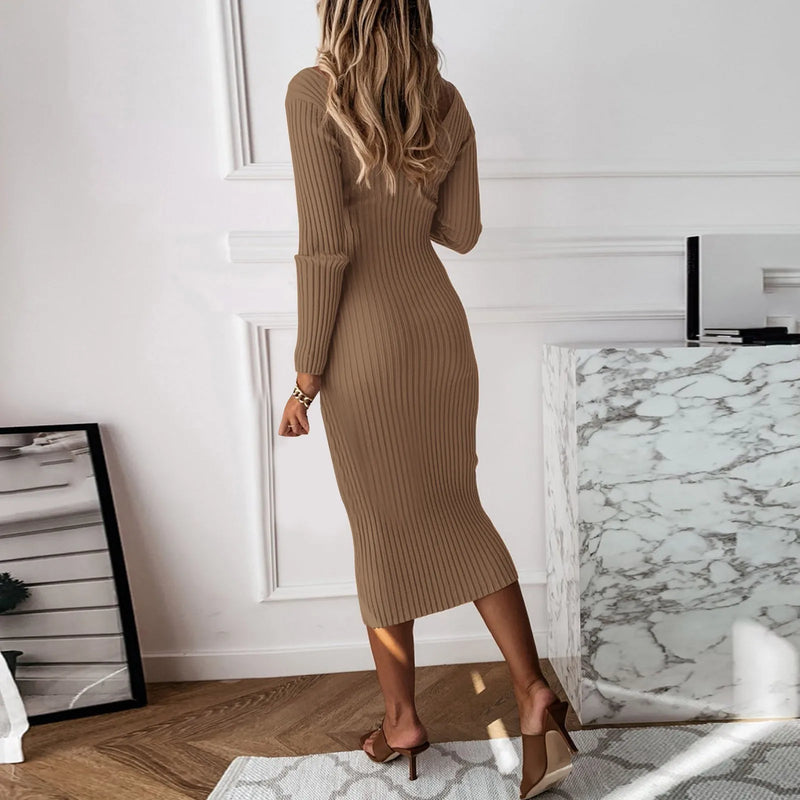 Women Knit Dress V-neck Solid Color Long Sleeve Dresses 2023 Winter Casual Sexy Bodycon Knitted Maxi Striped Long Dress Robe