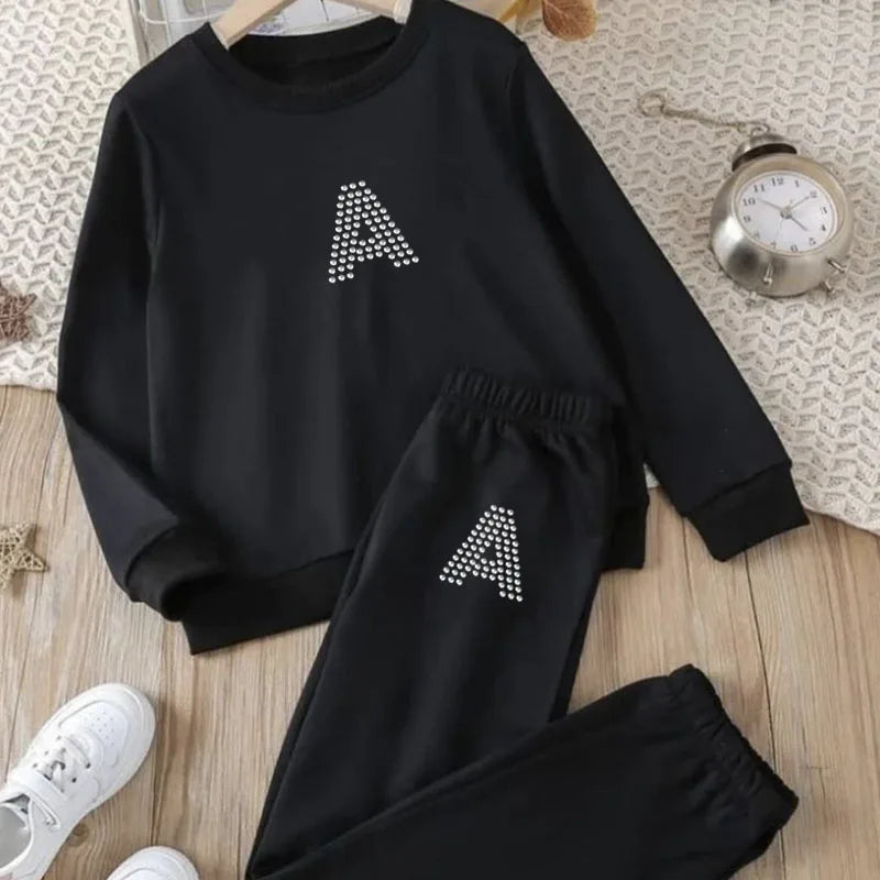 Y2k Rhinestone Bling Letter Print Women Set O-neck 2pc Stretchy Long Sleeve Casual Pullover+ Trousers Suit Autumn Exercise Suits