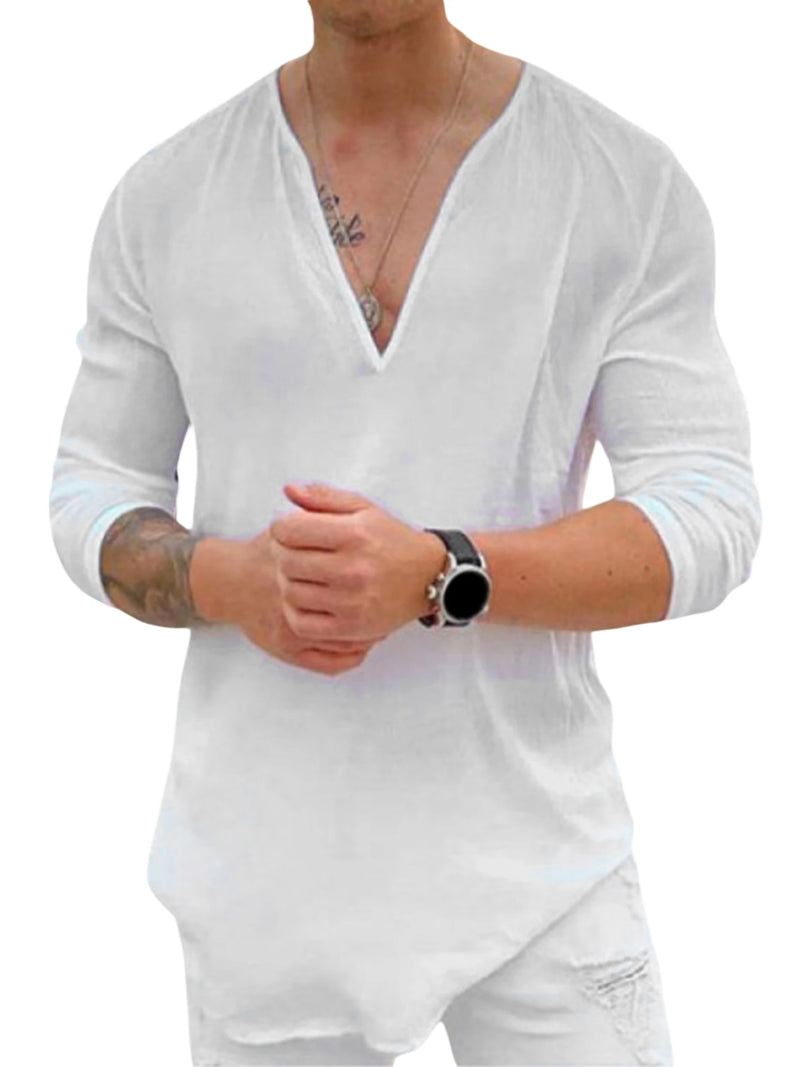 YILEEGOO Men s Spring Summer Casual T Shirt Solid Color Long Sleeve V Neck Shirts Loose Fit Tops (White XL)