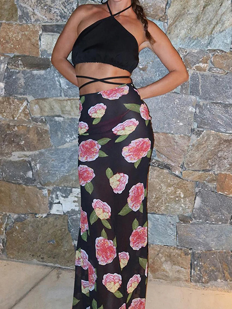 Women s Floral Mesh See Through Maxi Skirt Slim Fit Flowy High Waisted Midi Skirts Streetwear