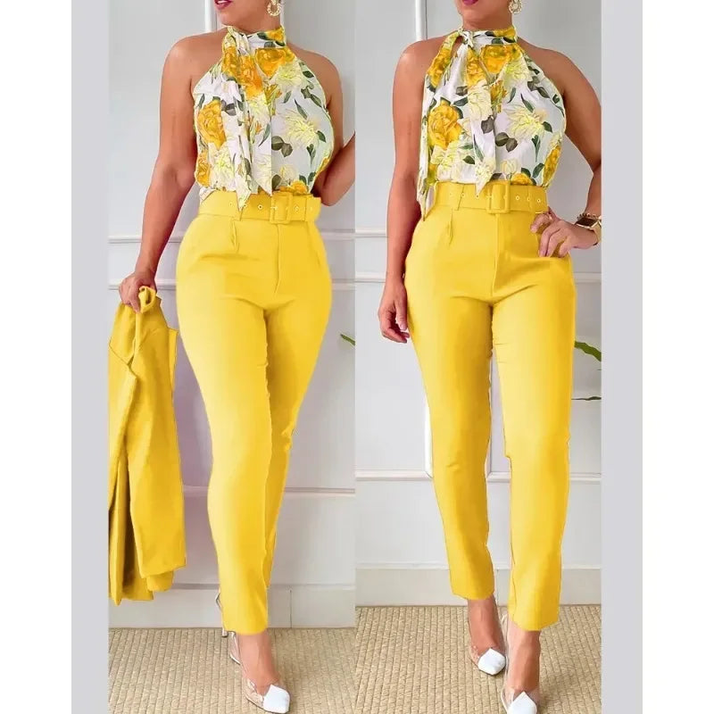 Summer Women Floral Print Halter Tank Top High Waist Pants Set With Belt Female O-Neck Two Pieces Suit Set Workwear Outfits