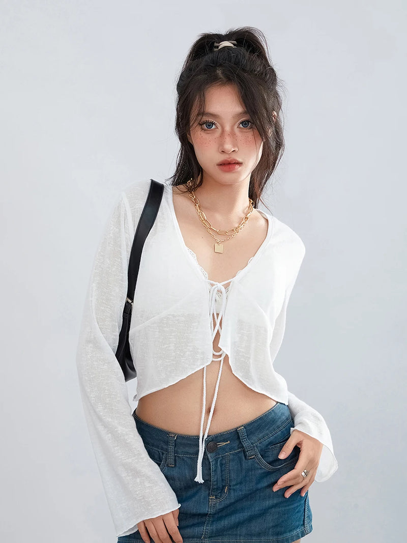 Women s Cute Knitted Crop Top V Neck Long Sleeved Flared Cuff Tie Up Front Sexy Loose Fit E Girl Cardigan T-Shirts