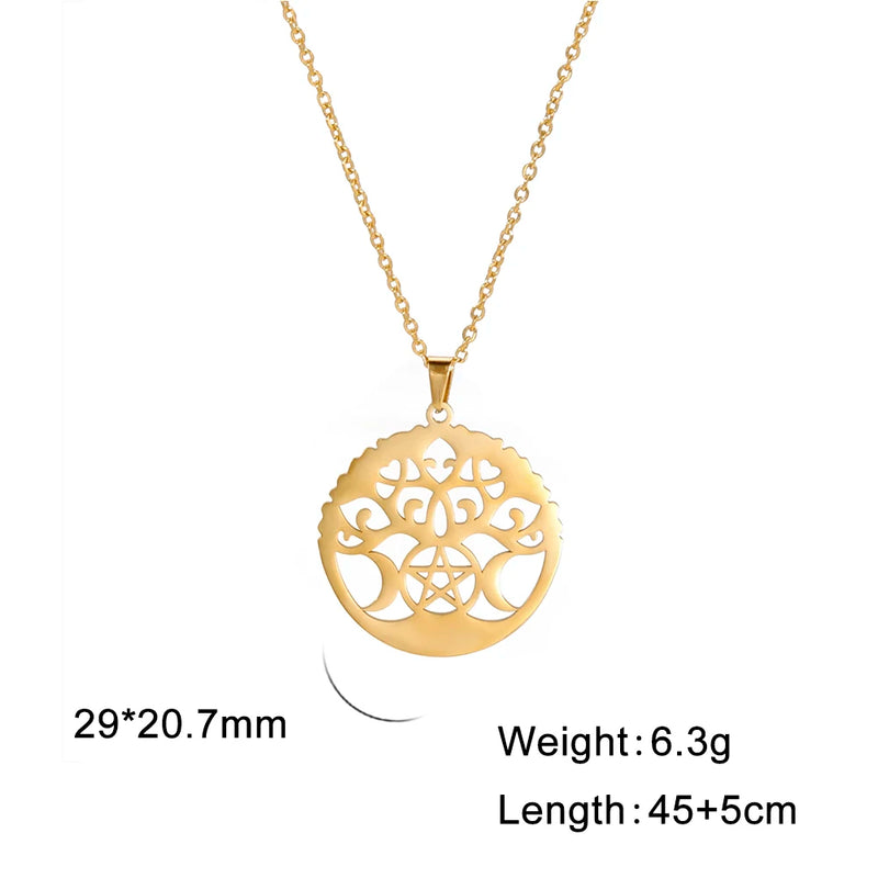 Jeshayuan Triple Moon Goddess Amulet Necklace Stainless Steel Hollow Tree Of Life Neck Chain For Women Gift