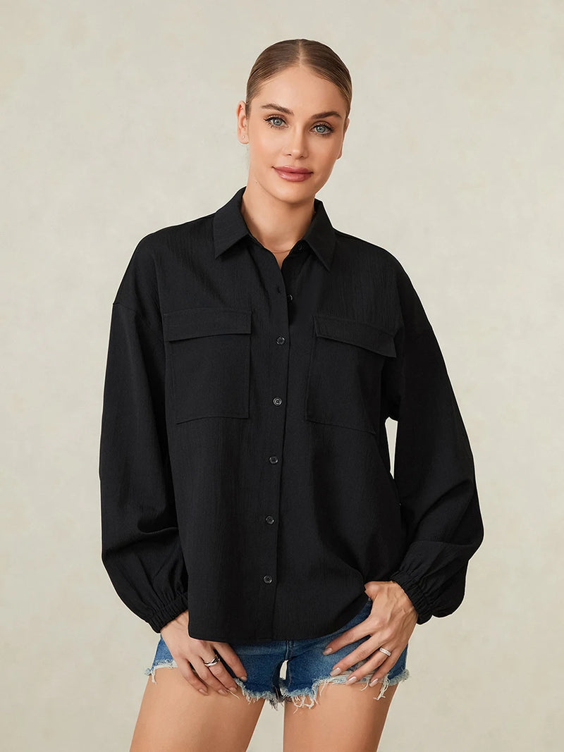 Women’s Button Down Lapel Shirts Lightweight Long Sleeve Solid Color Loose Tops Blouses with Pockets