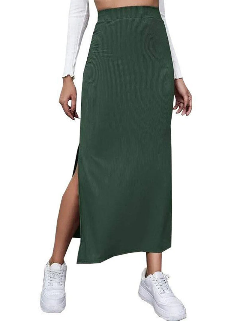 Women s Elastic High Waist Maxi Skirt Solid Color Casual Party Split Maxi Beach Skirt