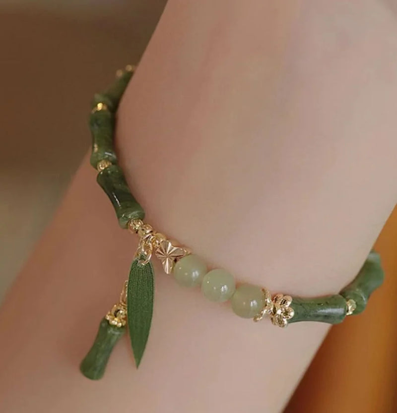 Pulseira de bambu verde estilo chinês, formato de bambu, imitação de folha, pulseira de jade, moda clássica, pingente de folha