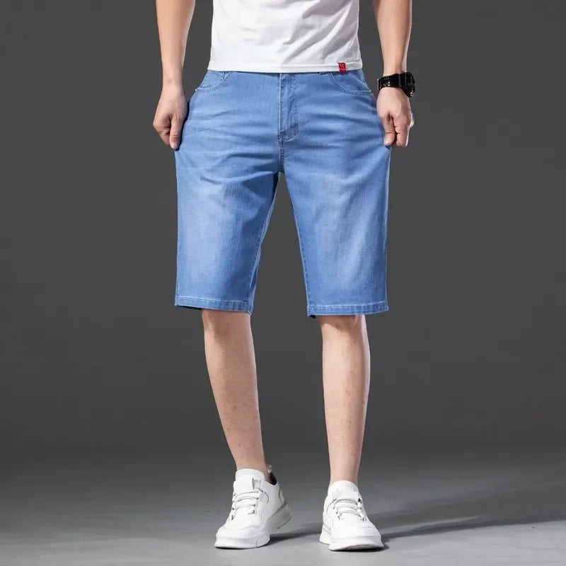 Short verão fino masculino casual jeans estilo clássico estiramento em linha reta moda solta.