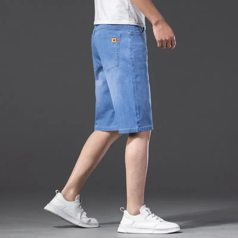 Short verão fino masculino casual jeans estilo clássico estiramento em linha reta moda solta.