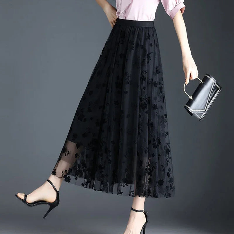 Korean women tulle skirt fashion summer hook floral loose midi skirt elegant female casual all-match mesh skirts new